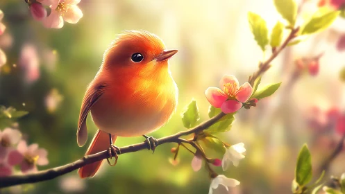 Cute Orange Bird on Cherry Blossom Branch in Soft Digital Art.