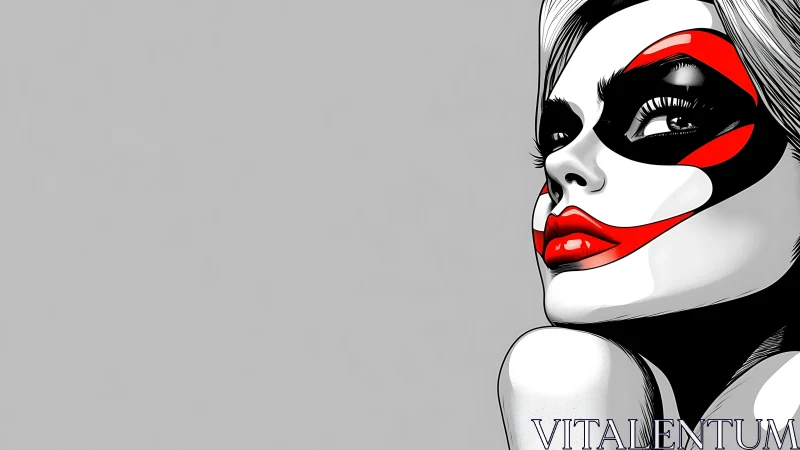 Bold graphic portrait of woman with red and black makeup.