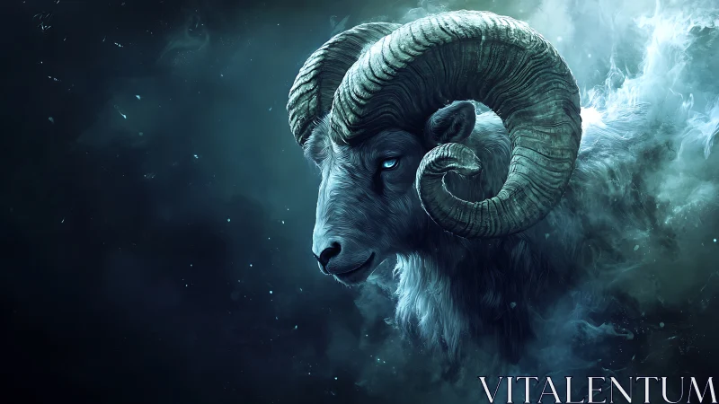 Mythic ram portrait in teal nebula haze with glowing eye