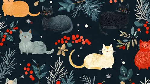 Whimsical Cats and Winter Flora Against Midnight Sky.