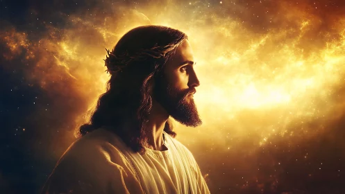 Profile view of robed male figure against luminous nebula field