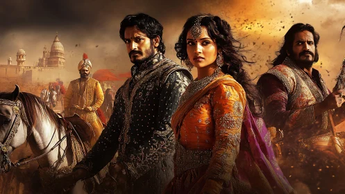 Regal warriors in ornate armor before stormy palace sky.