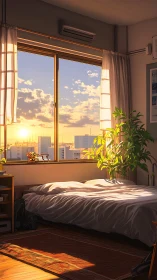 Sunlit minimalist bedroom with cityscape window view.