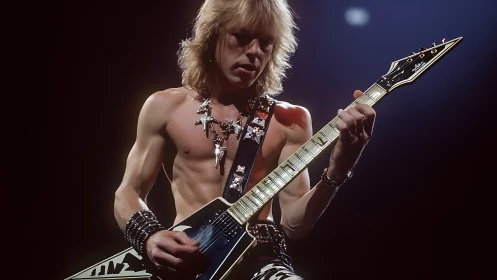 Shirtless rock guitarist under spotlight with angular V guitar.