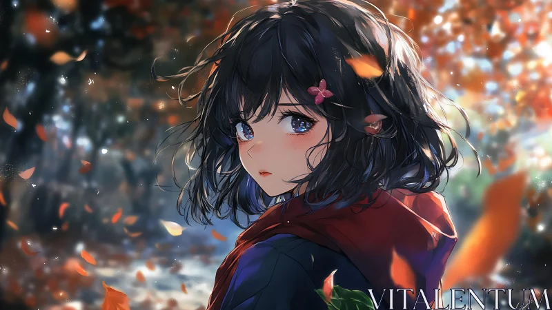 Autumn leaves swirl around wistful girl in red cloak.