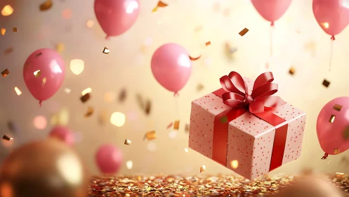 Suspended Gift Box With Balloons and Confetti Scene.