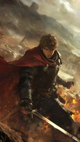 Armored swordsman with red cloak in burning war-torn valley