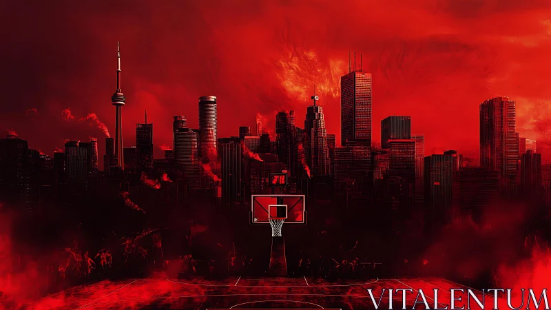 Red-spectral metropolitan skyline with central basketball hoop focus.