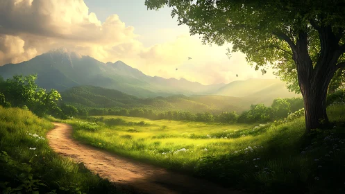 Sunlit dirt path through green valley toward distant mountains.