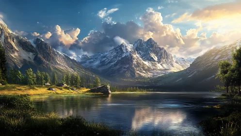 Sunlit alpine lake below rugged snow-capped mountain peaks.