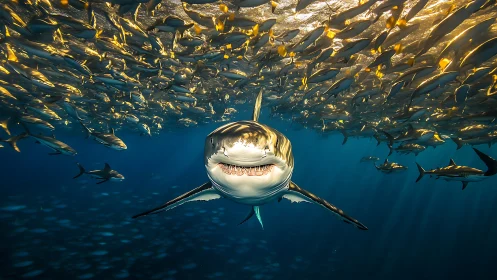 Great white shark advances beneath golden schooling fish.