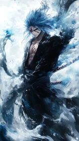 Blue haired warrior in swirling abstract energy field.