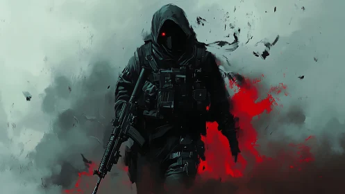 Hooded cyber soldier emerging through crimson smoke storm.