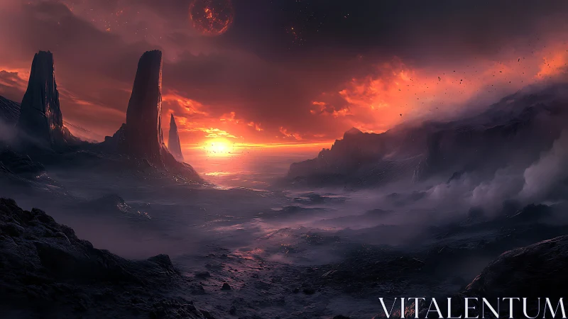 Volcanic exoplanet shoreline under red dwarf sunset and dense fog