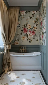 Floral-patterned classic bathtub alcove with paneled wainscoting and brass fixtures