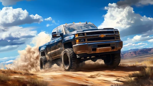 Lifted blue pickup truck powers through dusty desert trail