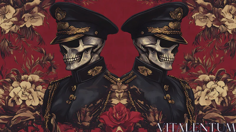 Mirrored skeletal officers in dress uniforms before florals.