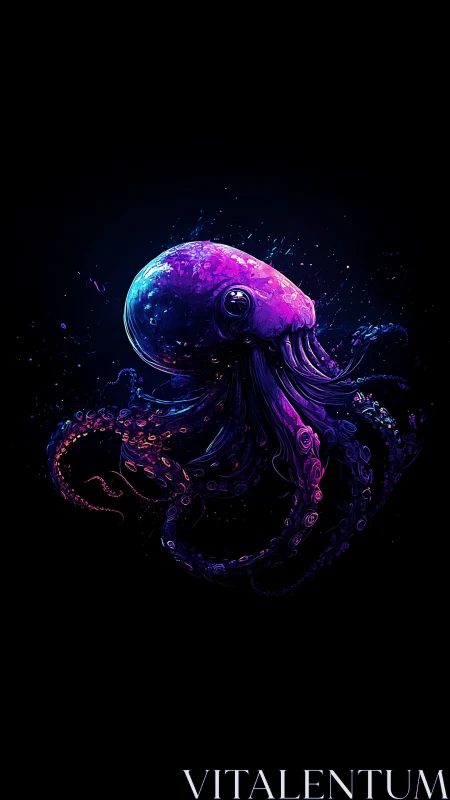Glowing cosmic octopus drifts through a dreamy neon sea