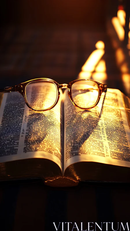Hardback Bible with reading glasses in low sunset backlight