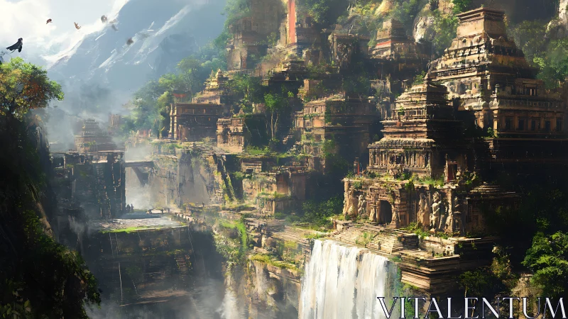 Ancient cliffside temple city above waterfalls in jungle.