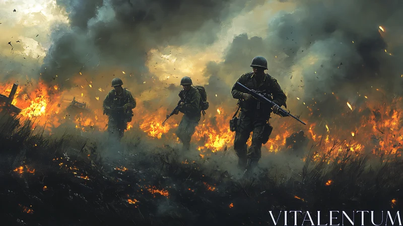 Soldiers advancing through intense flames and smoke in combat
