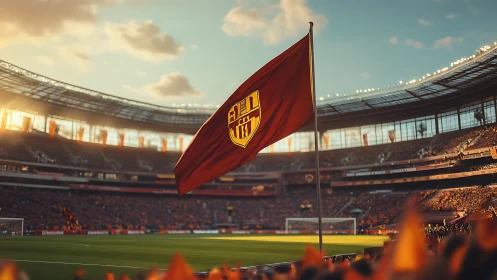 Red club flag near corner of modern football stadium field.
