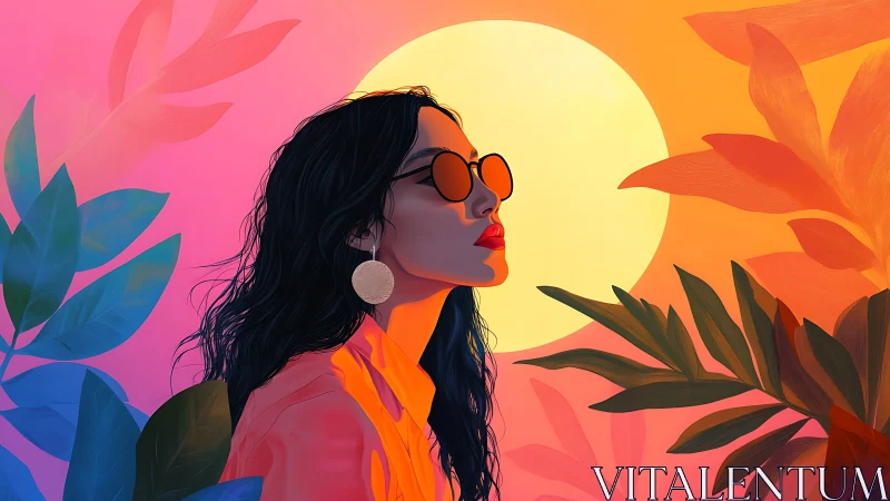 Sunlit profile of woman amid neon tropical foliage in silhouette