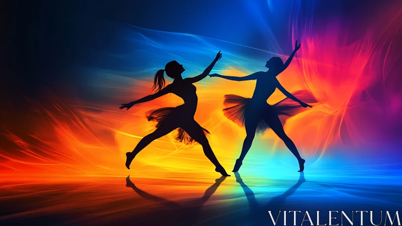 Dancers in swirling neon light painting the night sky.