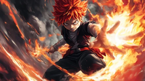 Fiery anime warrior unleashes explosive flame power.