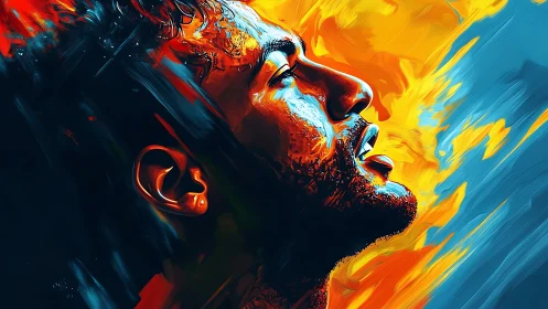 Portrait in flame and cyan, expressive digital stroke clash.