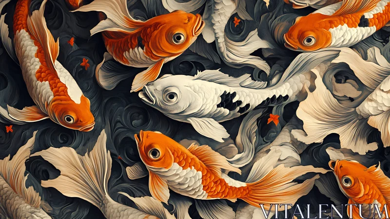 Whirling koi tapestry in swirling midnight waters of gold.