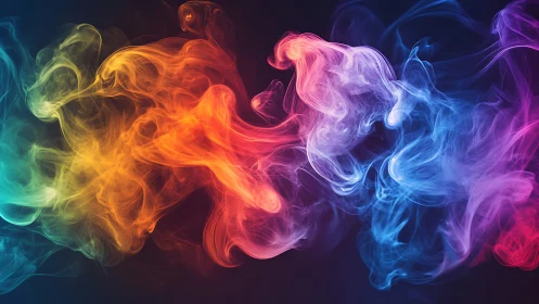 Digital painting of multicolor flowing smoke on dark ground.
