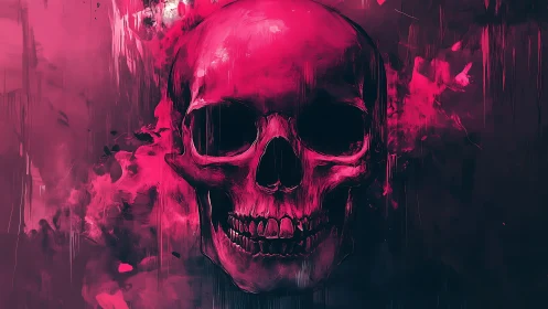 Neon skull floats in crimson smoke and digital shadows.
