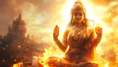 Hindu goddess figure in fiery temple landscape at dusk.