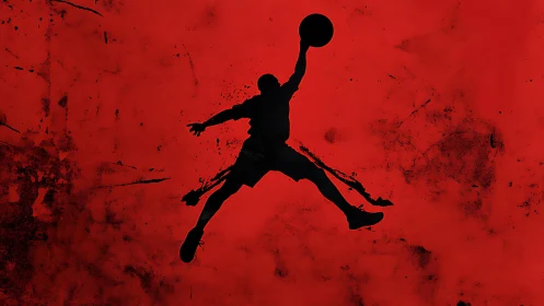 Silhouette of basketball player dunking on red grunge background.