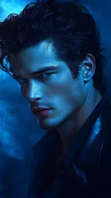 Moody blue portrait of intense young man in leather jacket.