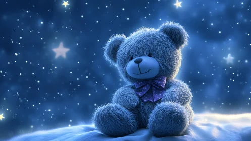 Soft blue teddy bear rendered in luminous nocturnal 3D scene