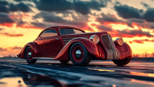 Photorealistic vintage coupe at sunset with cinematic lighting.