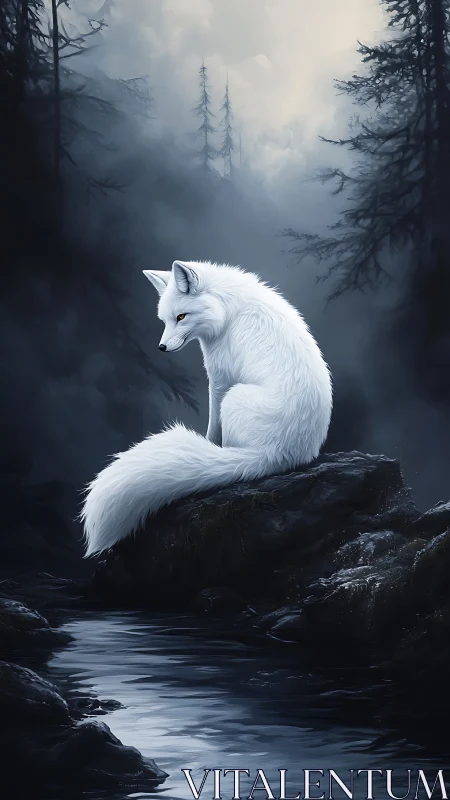 Solitary white fox watches a misty forest stream at dusk.