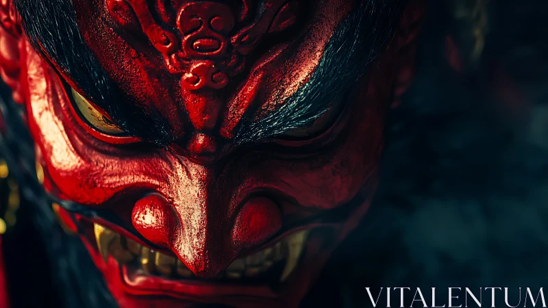 Close view of red demonic mask with golden teeth details.