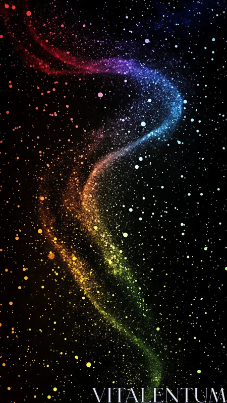 Curved multicolor particle stream traces nebula-like arc in void