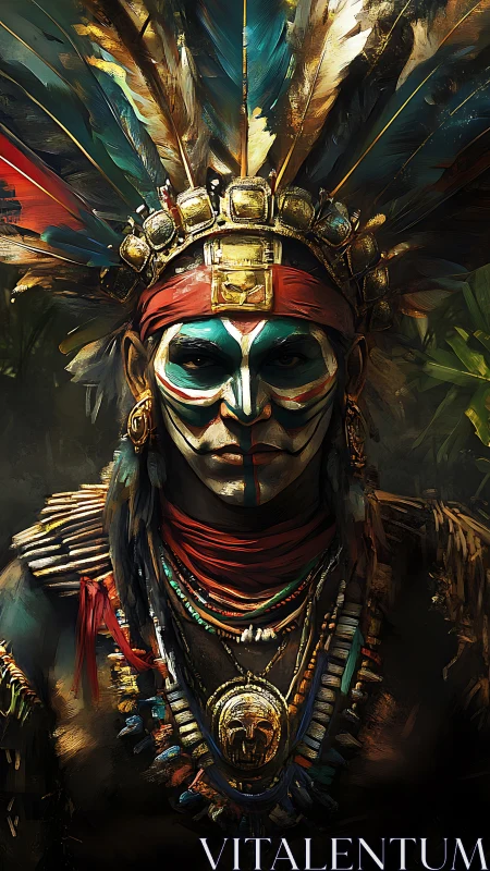 Warrior portrait with ceremonial feathers and tribal regalia.