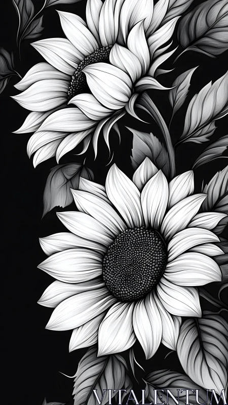 Monochrome sunflowers glowing softly in the dark night.