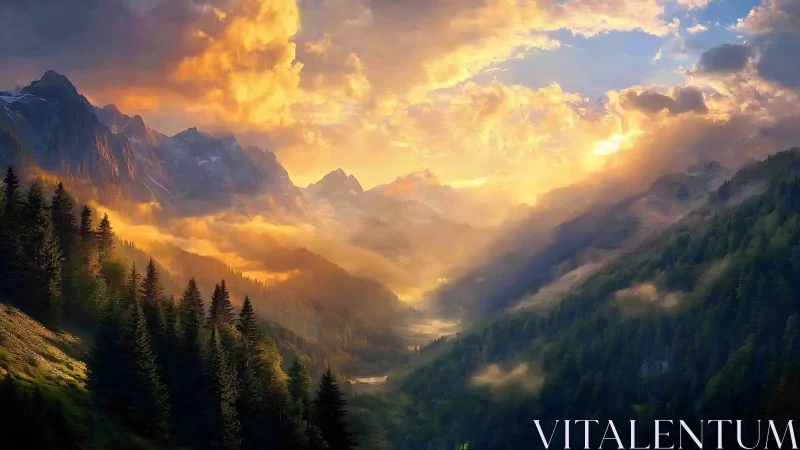 Golden mountain sunrise pouring warmth into misty valley.