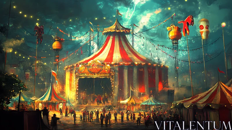 Stormlit carnival big top blazing against a dreamlike sky.