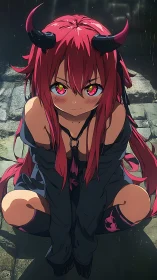 Shy demon girl resting in the rain with glowing hopeful eyes.