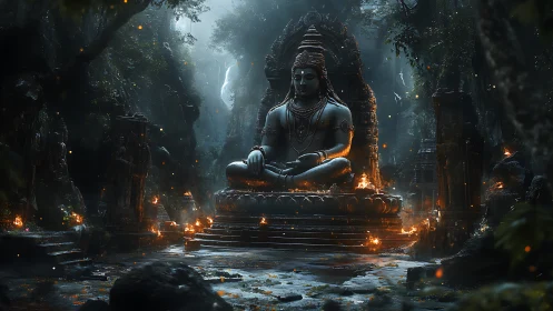 Mystic jungle shrine with serene stone deity in soft firelight.