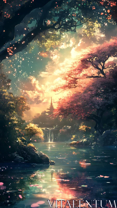 Tranquil forest lake with distant pagoda at sunset light