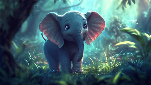 Juvenile cartoon elephant in bioluminescent jungle clearing