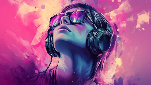 Person wearing headphones and sunglasses in neon colors